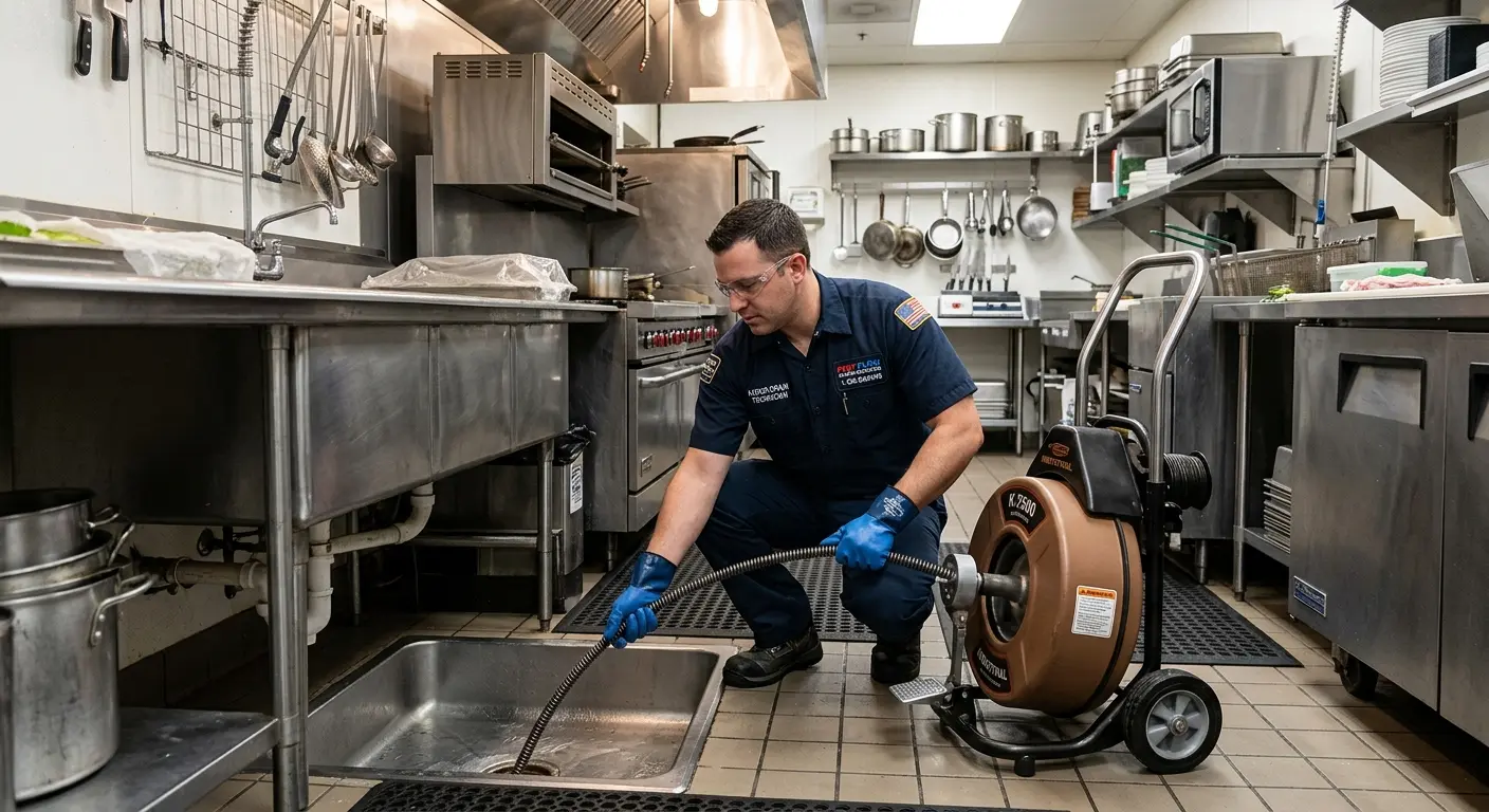 Commercial drain cleaning service in a restaurant kitchen in North Fayette