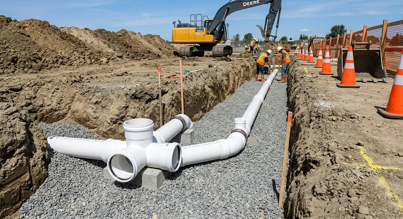 New PVC sewer pipe installation in open trench for Sewer Backup in North Fayette