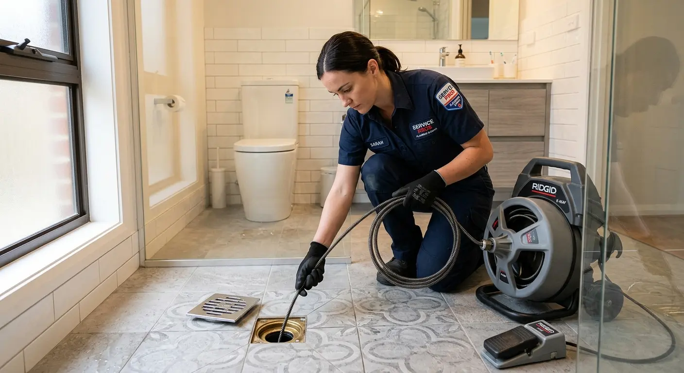 Technician clearing a bathroom floor drain for Drain Repair in North Fayette